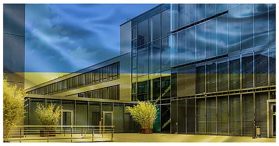 Grenke building in Ukraine colours